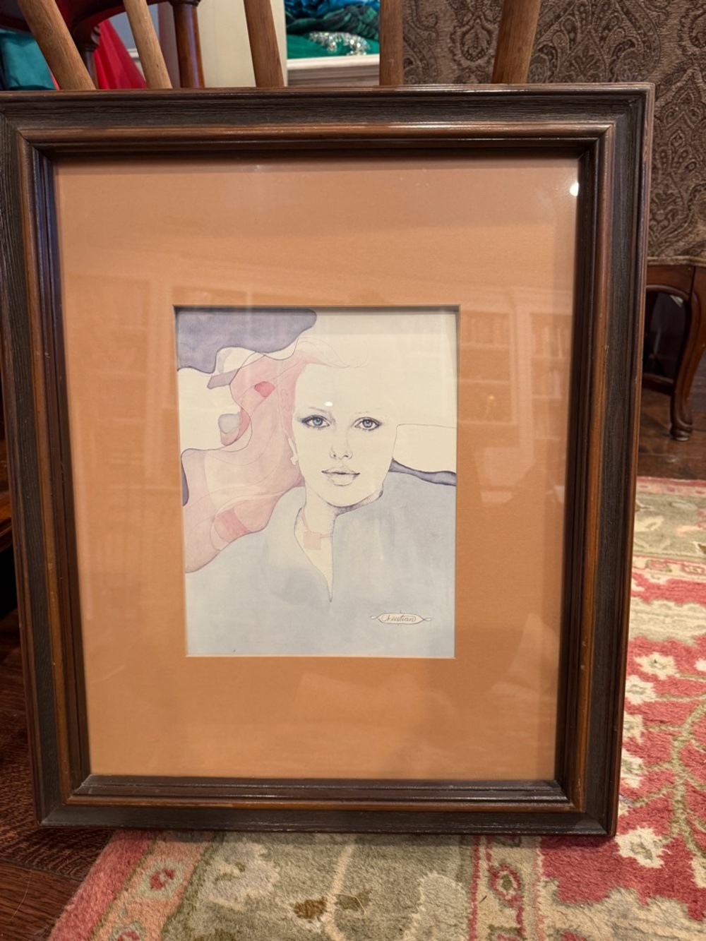 Framed signed 1980s Watercolor Portrait Art Print in Peach and Lavender